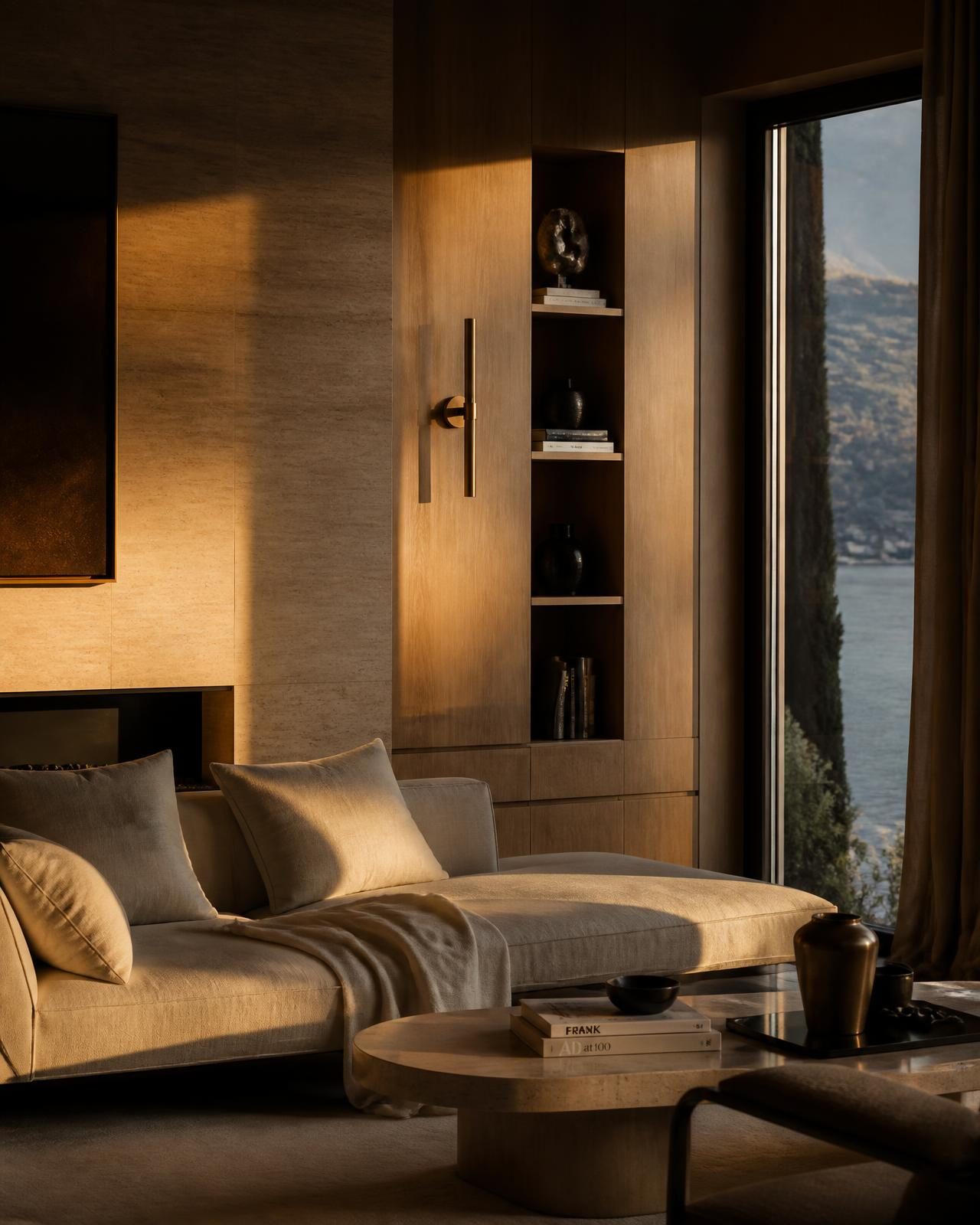 Soggiorno su misura in rovere spazzolato e travertino, luce dorata sul lago