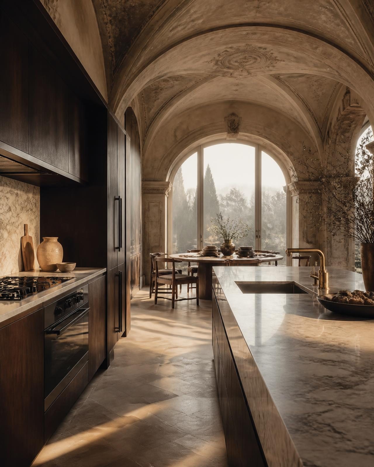 Cucina su misura in noce e marmo sotto volte affrescate di una villa storica